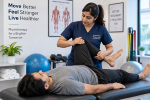 Physiotherapist assisting with leg exercise