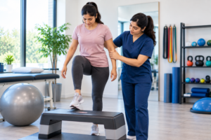 Physiotherapist assisting with foot exercise
