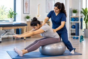 Physiotherapist assisting with back pain exercise