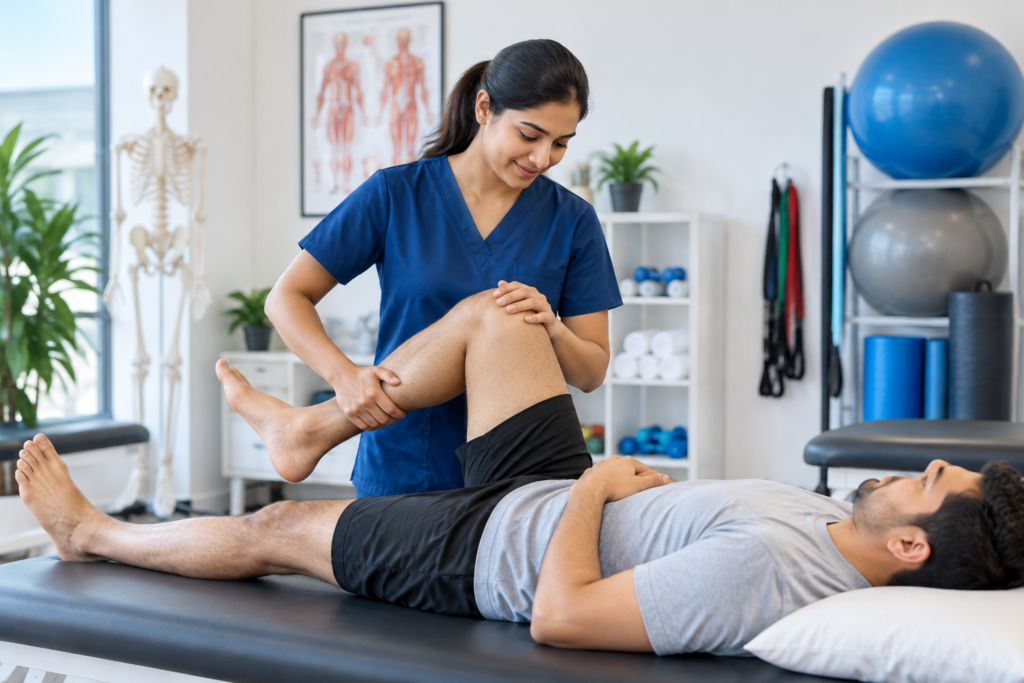 Physiotherapist assisting patient during rehabilitation exercise