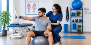 Physiotherapist assisting with exercise in clinic